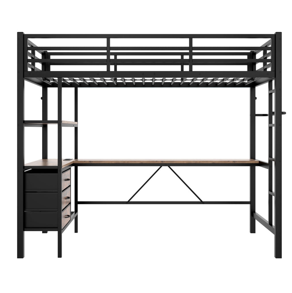 Letto a soppalco 90x200 cm con scrivania, LED, USB e 3 cassetti in metallo e MDF nero