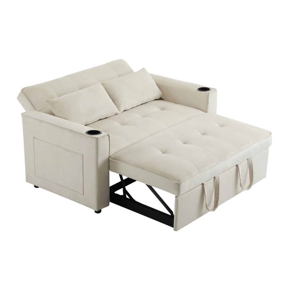 Divano letto ULEVR 137 cm in velluto beige, schienale regolabile a 3 posizioni con portabevande e tasche laterali