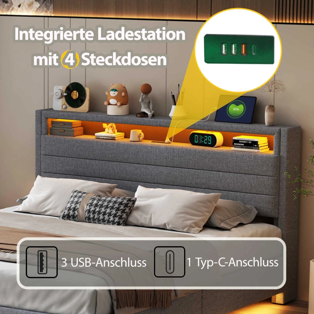 Letto contenitore grigio 160x200 cm in lino; effetto sospeso; LED; USB e testiera ribaltabile; senza materasso