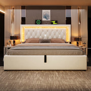 Letto matrimoniale 140x200 cm in velluto con LED, presa USB e spazio contenitivo, con materasso incluso