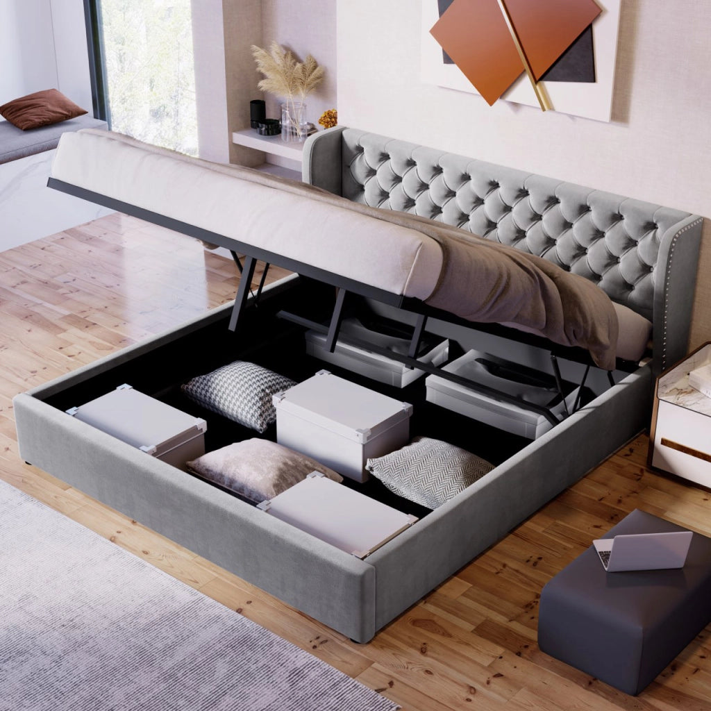 Letto imbottito matrimoniale a orecchio 160x200 cm in velluto con bottoni, sollevamento idraulico, rete a doghe e contenitore - Grigio