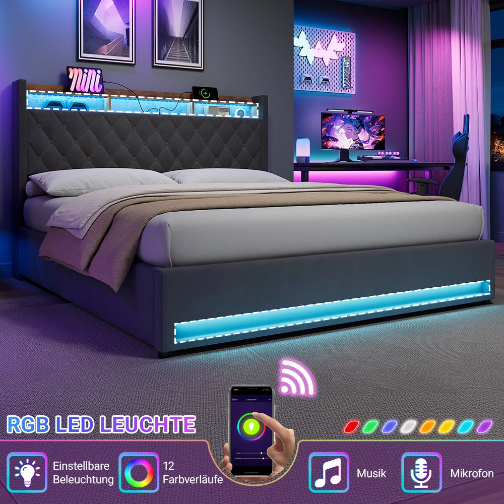 Letto contenitore 180x200 cm; LED RGB; porta USB; testiera imbottita; vano contenitore; mensola; velluto grigio; materasso escluso
