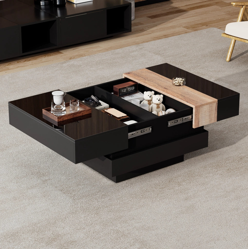 Tavolino da salotto quadrato 70x70x39 cm in MDF nero con piano estraibile e spazio contenitore nascosto