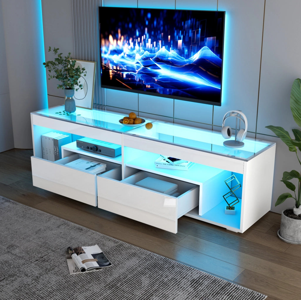 Mobile TV LED 180x40x46 cm con 2 cassetti e ripiani in vetro temperato bianco HOMVRA