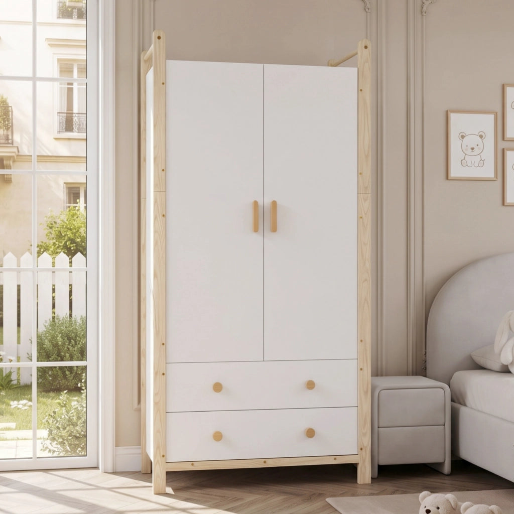 Armadio a 2 ante con appendiabiti e 2 cassetti per camera da letto bianco e legno 90 × 45 × 180 cm