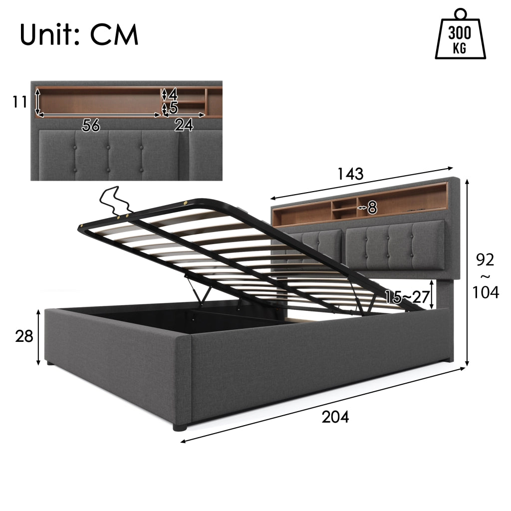 DESMIU Lit coffre 140 × 200 cm 2 posti con USB, Type-C e prese, testiera regolabile, senza materasso, grigio
