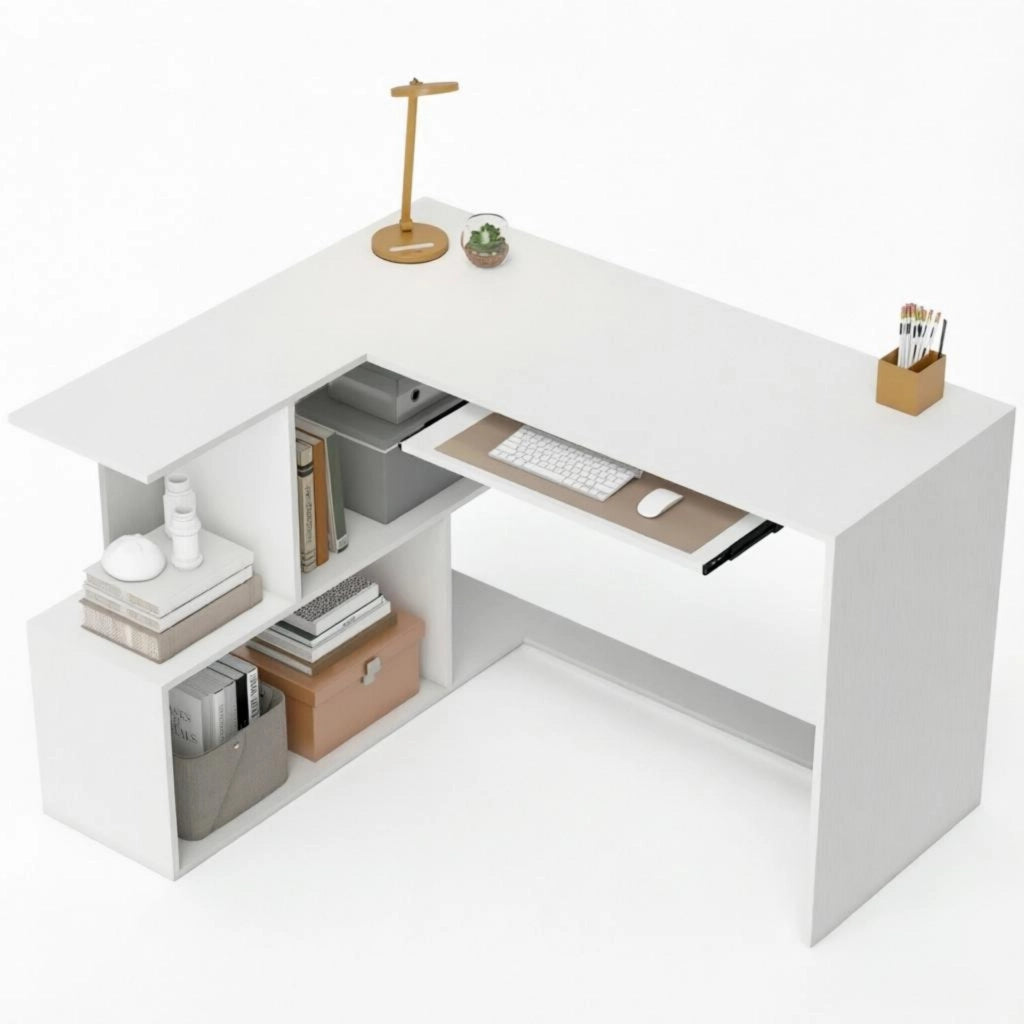 Scrivania angolare con ripiani a S e vassoio tastiera in pannello truciolare bianco effetto legno 120 × 100 × 76 cm