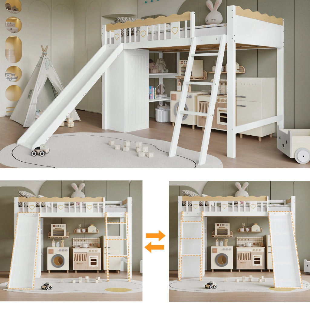 Letto a soppalco per bambini 90 × 200 cm con scivolo armadio e mobile contenitore in legno e MDF bianco naturale