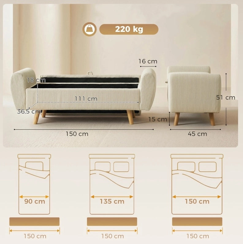 Panca contenitore in velluto a coste beige con braccioli