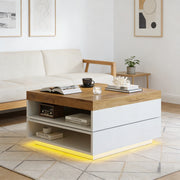 Tavolino da salotto quadrato con luci LED bianco effetto legno 65 x 65 x 40 cm in MDF
