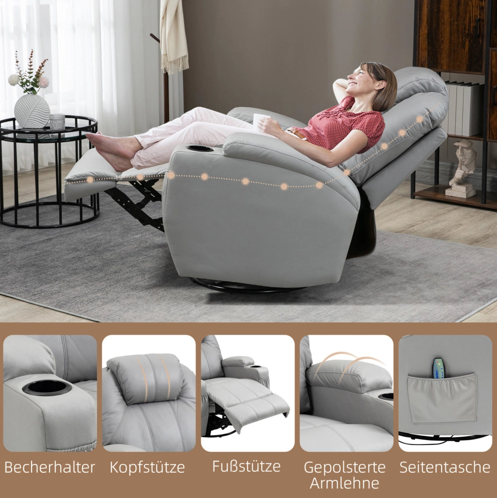 Poltrona Relax con Massaggio a 8 Punti Vibranti, 5 Modalità, Funzione Letto, Rivestimento in Pelle Sintetica Grigio Chiaro, Portata 150 kg
