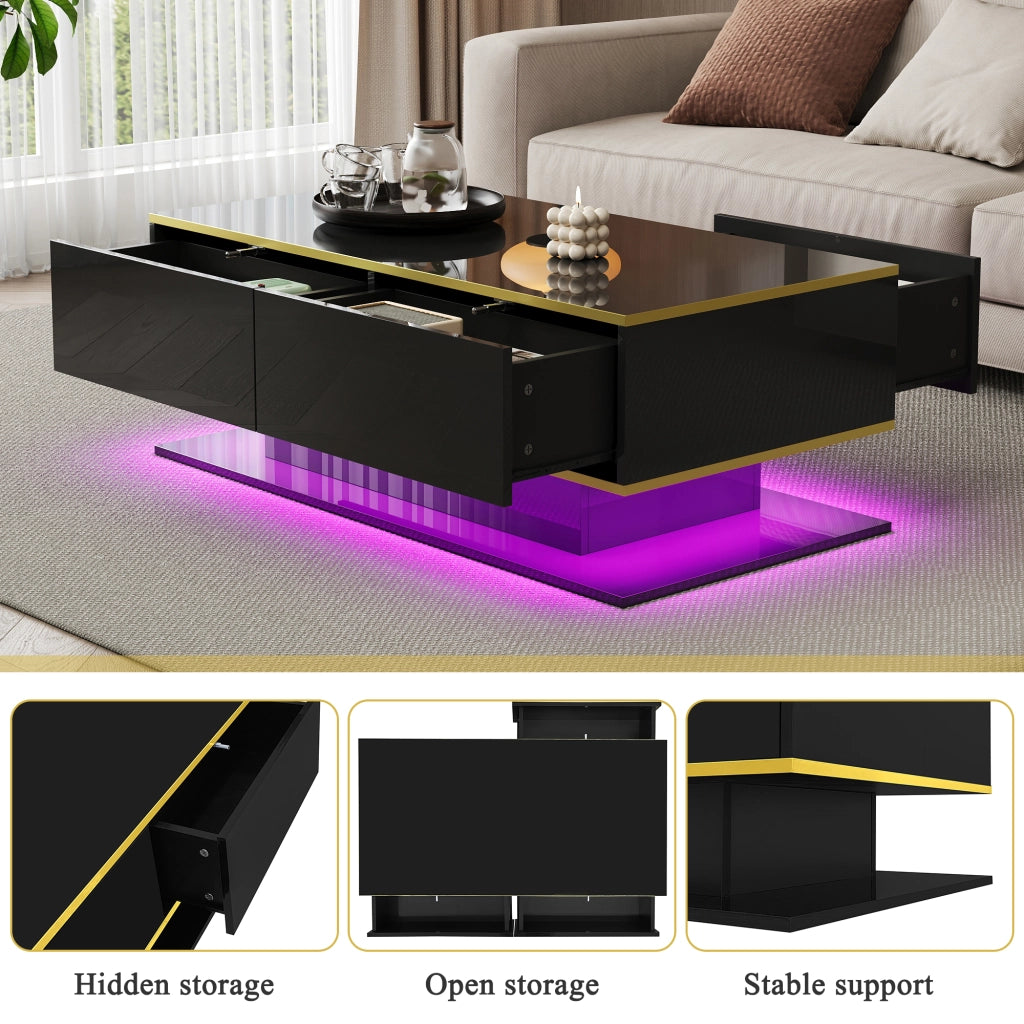Tavolino da salotto LED con 3 cassetti e vano aperto, finitura lucida con decori dorati, nero, 100 × 50 × 40 cm