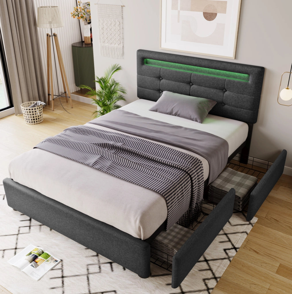 Letto imbottito 90 x 200 cm grigio con LED e 2 cassetti