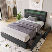 Letto imbottito 90 x 200 cm grigio con LED e 2 cassetti
