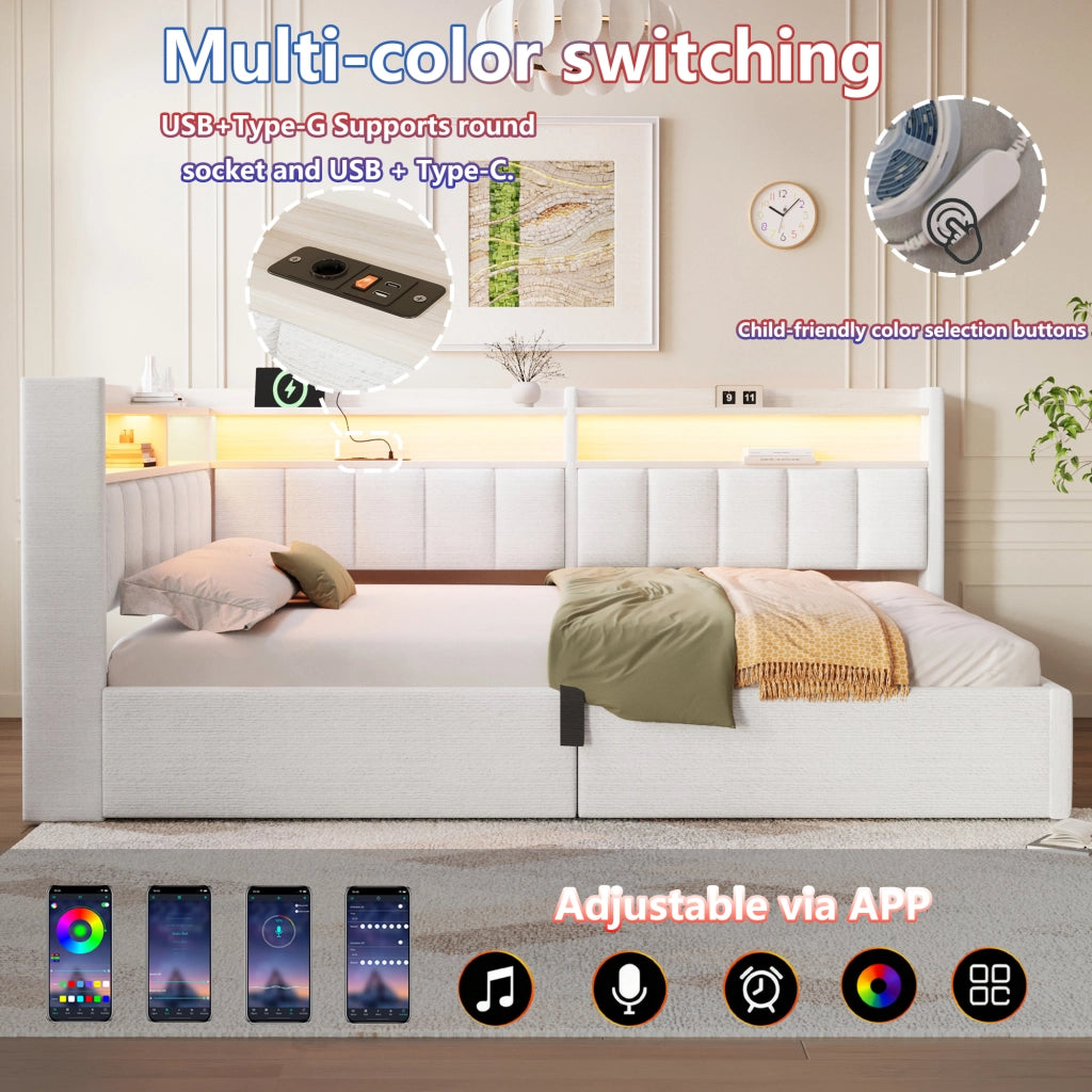 Letto contenitore 140 x 200 cm con contenitore idraulico, LED e USB-A/Type-C, letto imbottito in velluto bianco crema con vani laterali reversibili
