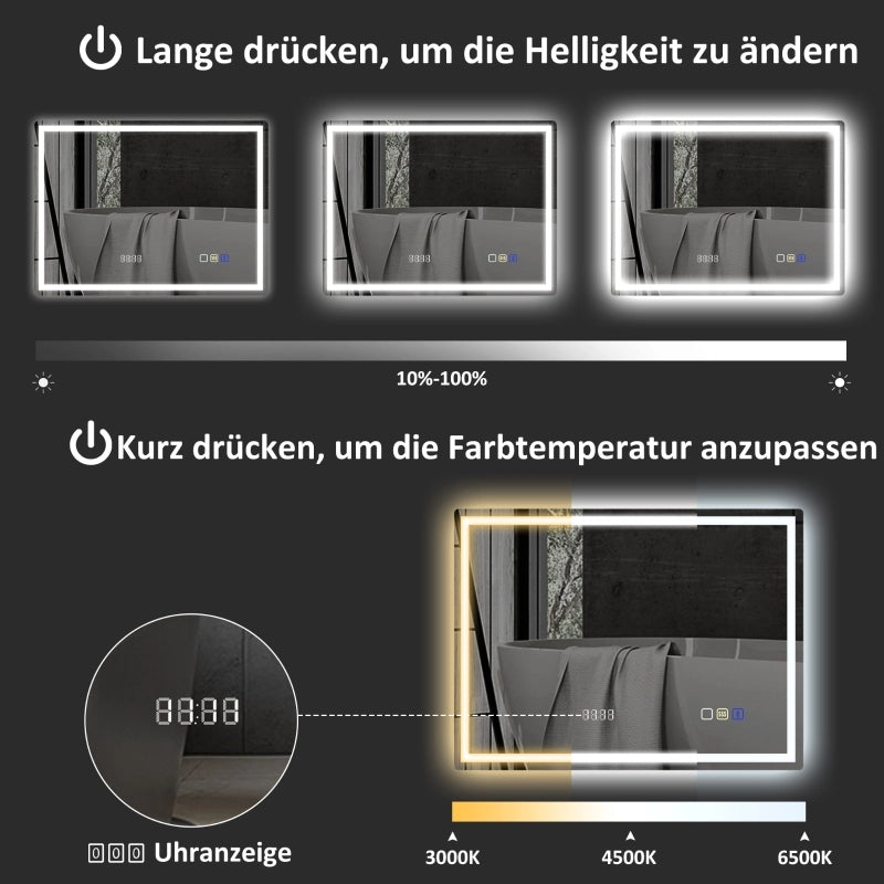 Specchio da bagno LED con Bluetooth; orologio digitale; antiappannamento e controllo touch; argento
