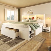 Letto matrimoniale 140 × 190 cm con comodini mobili in legno bianco LED USB Type-C cassetto e ripiani