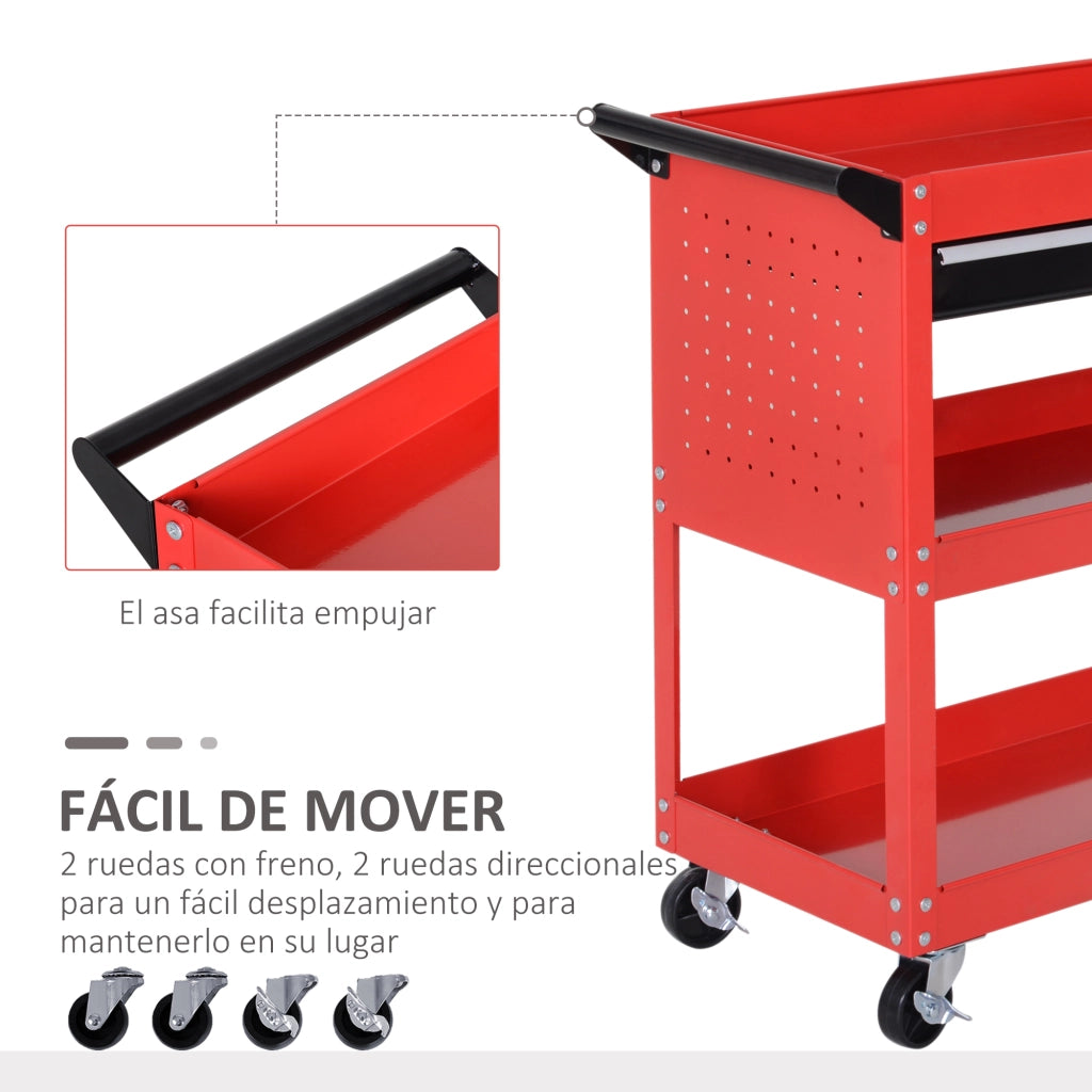 Carrello per Attrezzi con 3 Vassoie e Cassetto ¨C Zephmum ¨C Rosso