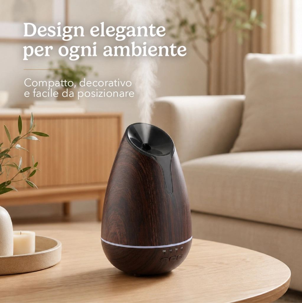 Diffusore di Aromi 120 ml con Luce LED 7 Colori e Timer fino a 6 Ore, Umidificatore per Ambienti, Design Effetto Legno Scuro, Alimentazione USB/240V