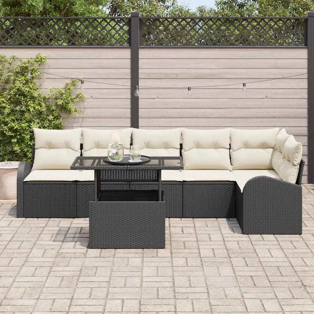 Set Divano da Giardino 7 pcs Nero e crema polyrattan