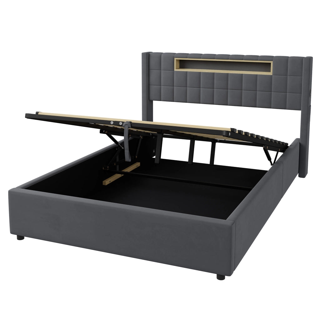 Letto matrimoniale contenitore idraulico 140x200 cm con LED e ricarica USB/Type-C, velluto grigio scuro, senza materasso
