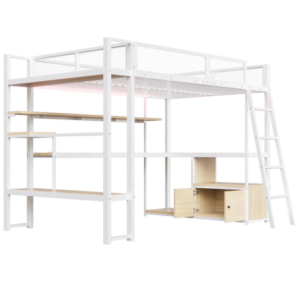 Letto a soppalco da gioco in metallo 140x200 cm con scrivania integrata, illuminazione LED e ampio spazio di archiviazione bianco