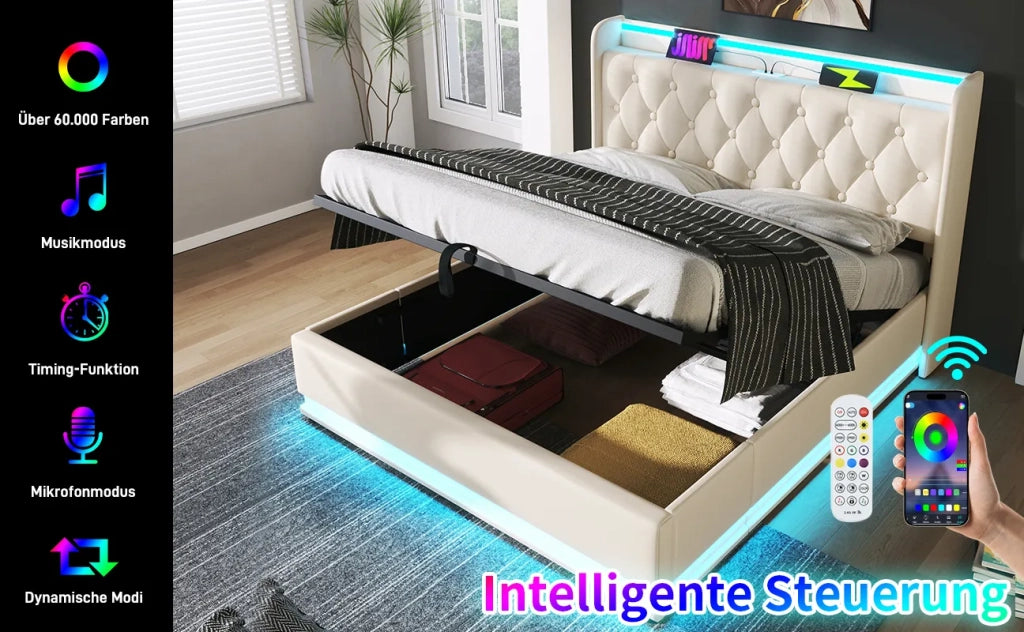 Letto matrimoniale imbottito 180x200 cm, bianco in PU, con testiera imbottita e porta USB-C. LED a 360° con telecomando/app/pulsante. Base idraulica