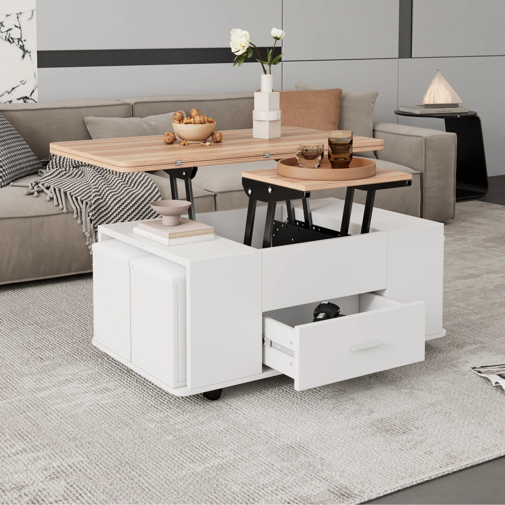 Tavolino basso sollevabile con 1 cassetto, 4 sgabelli contenitore, ruote e piano apribile per soggiorno, bianco