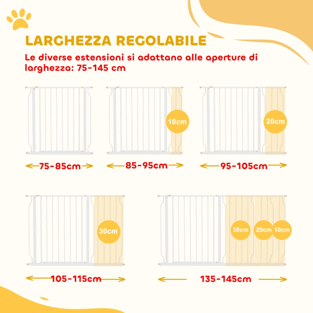 Cancelletto di Sicurezza per Cani Regolabile 75-145 cm in Acciaio e ABS Bianco, Barriera per Porte e Scale Facile da Montare