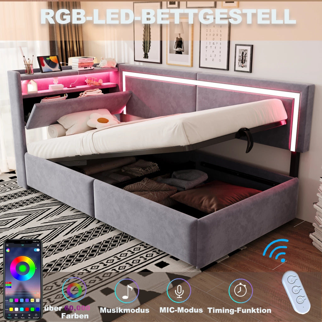 Divano letto 90x200cm - Velluto con LED; USB e deposito idraulico - Per soggiorno; camera da letto - Grigio