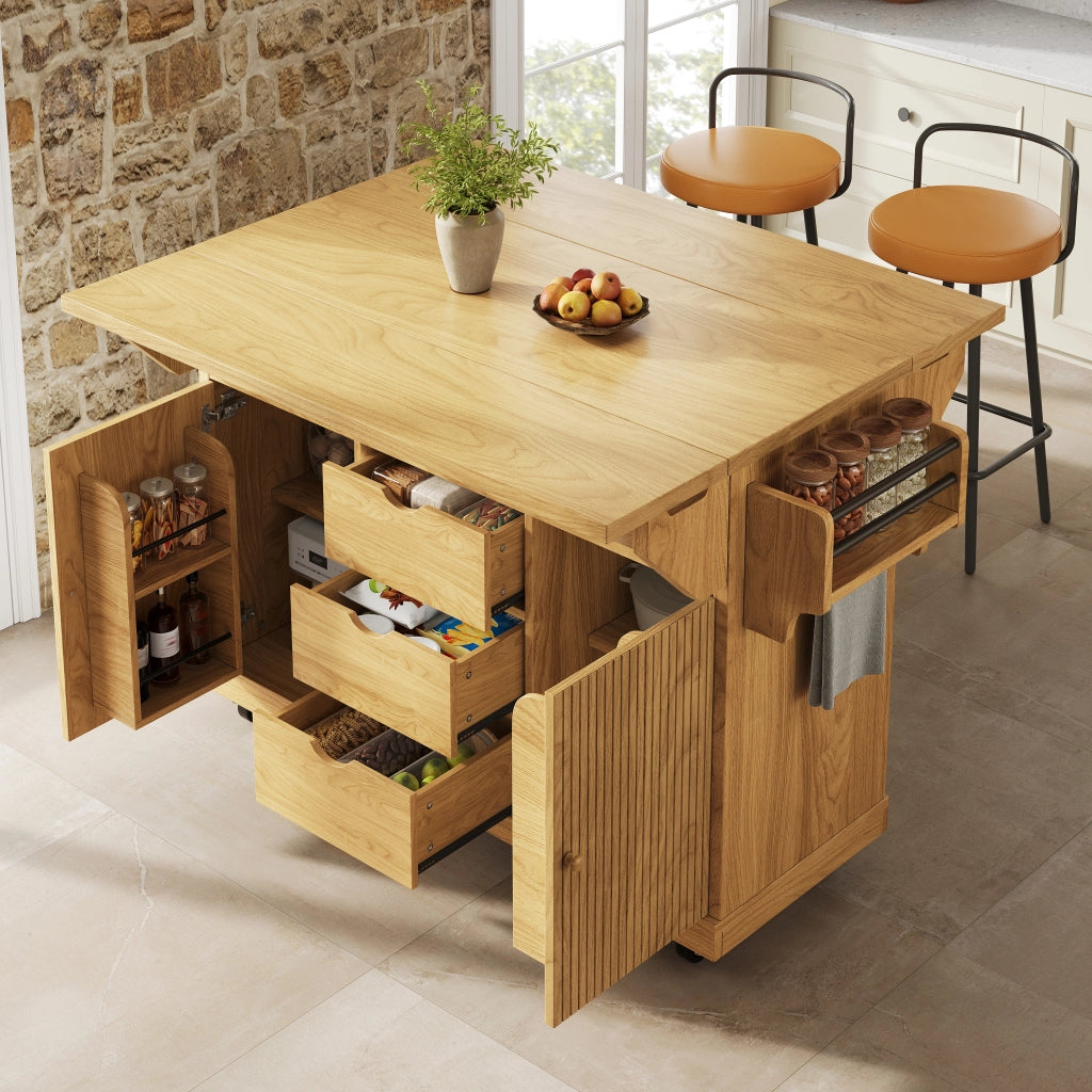 Carrello da cucina con piani laterali pieghevoli 3 cassetti ripiani regolabili in MDF con ruote bloccabili marrone