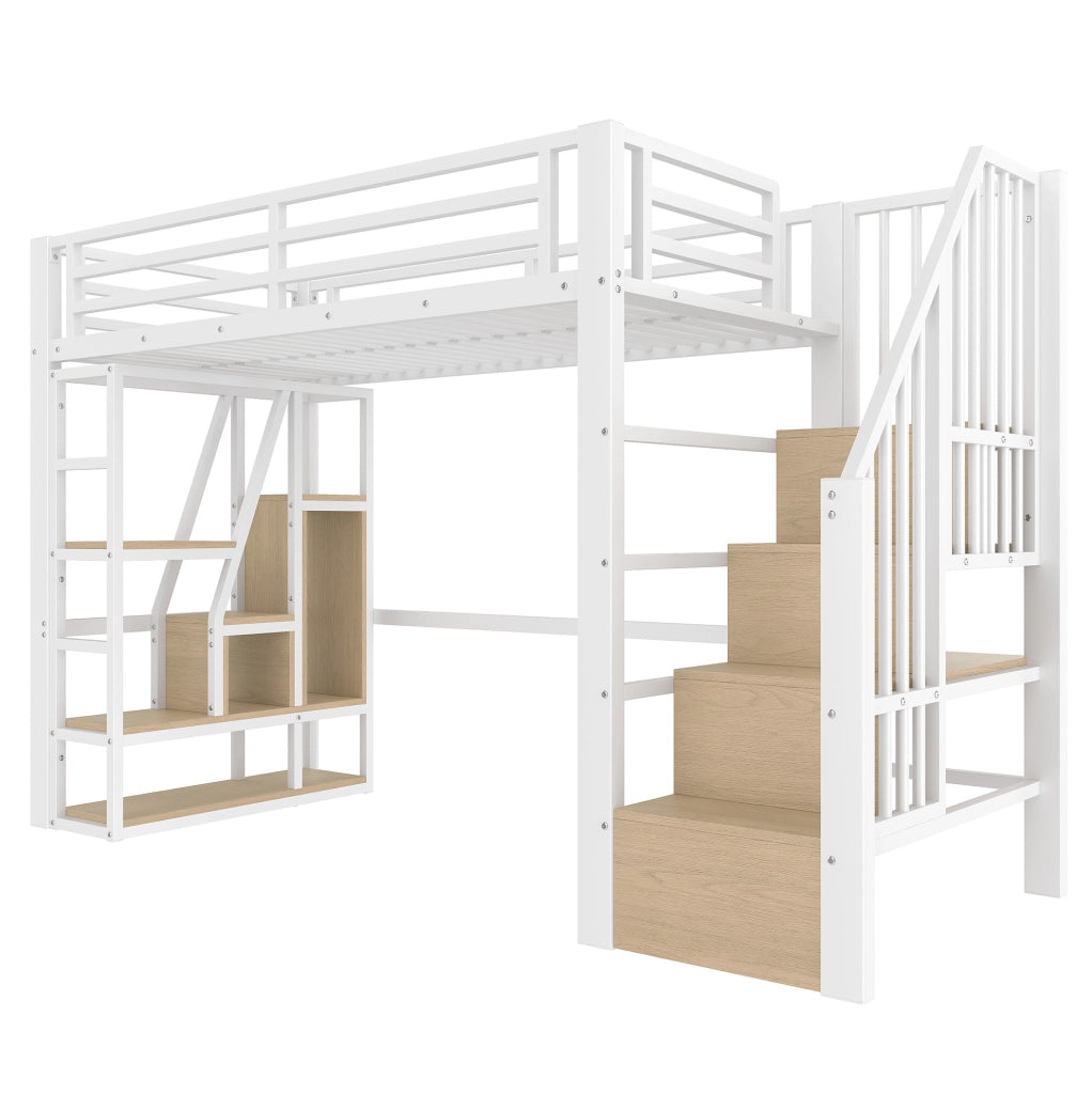 Letto a soppalco 90x200 cm in metallo con scala, ripiani e illuminazione LED integrata, bianco