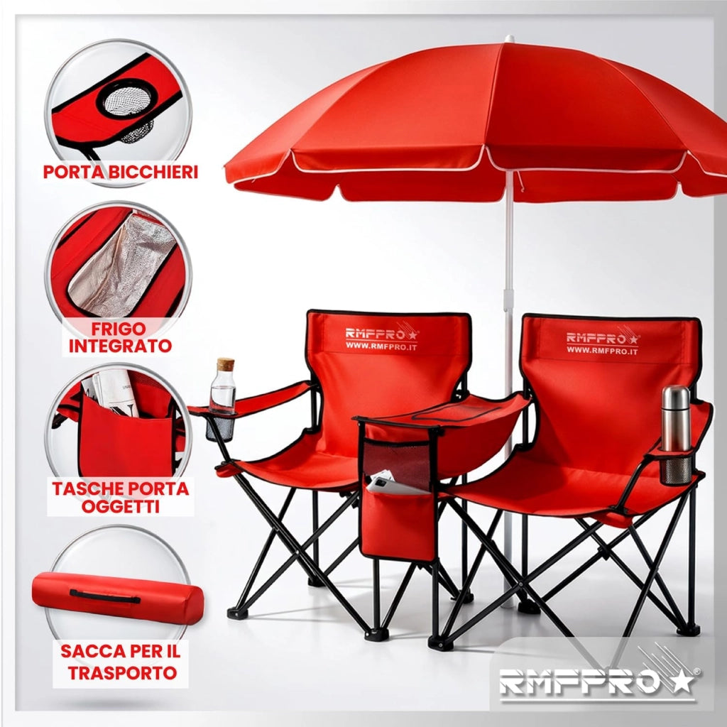 RMF PRO KIT OMBRELLONE + 2 SEDIE PIEGHEVOLI ROSSO