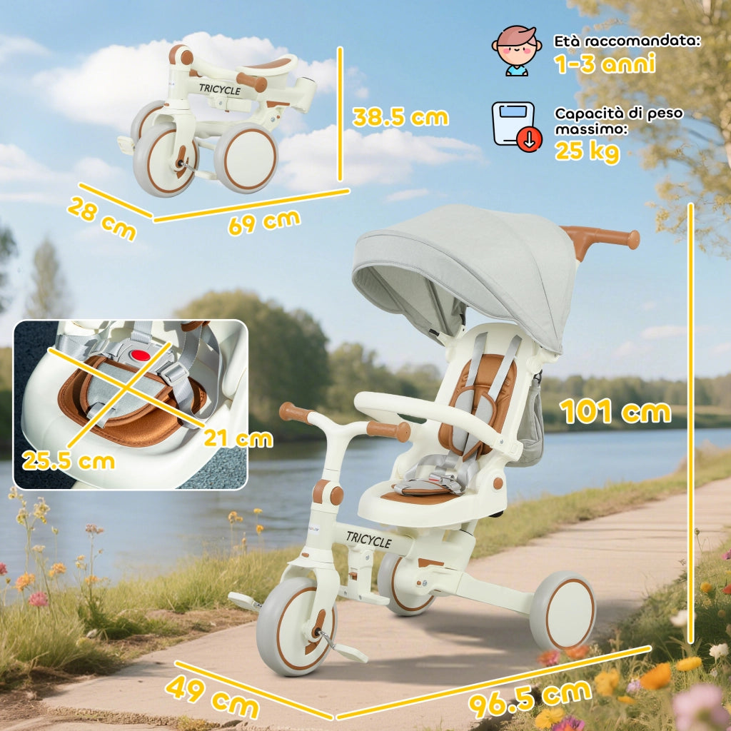 Triciclo per Bambini 5 in 1 96,5x49x101 cm con Maniglione e Cinture di Sicurezza Bianco Crema
