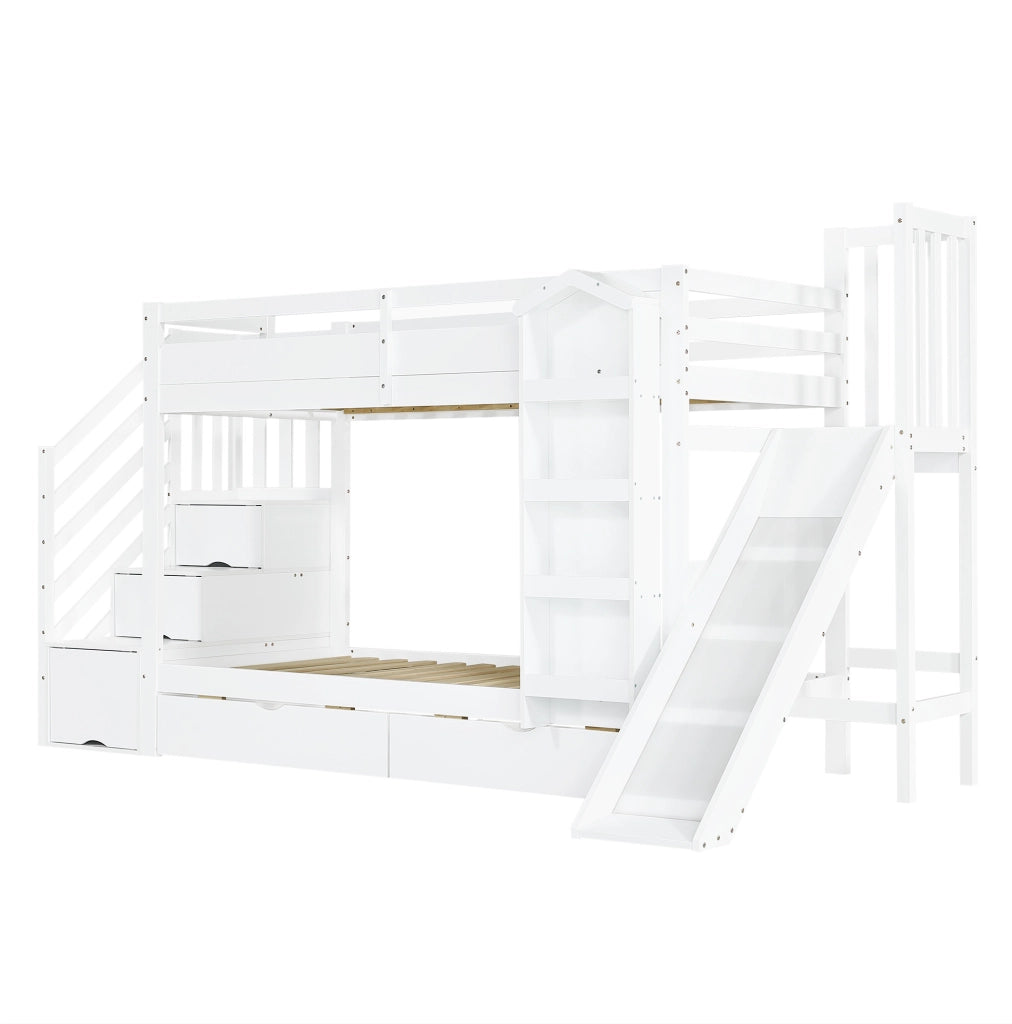 Letto a castello per bambini con scivolo, due cassetti su rotelle e scaletta con armadietto, bianco 90x200 cm