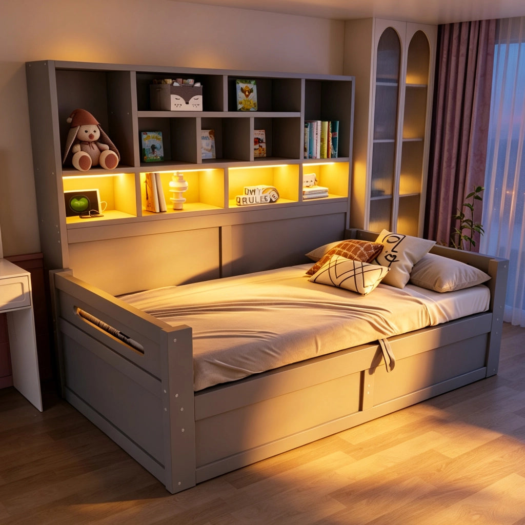 Letto singolo multifunzionale 90 × 200 cm con vano idraulico LED prese e testiera con ripiani grigio