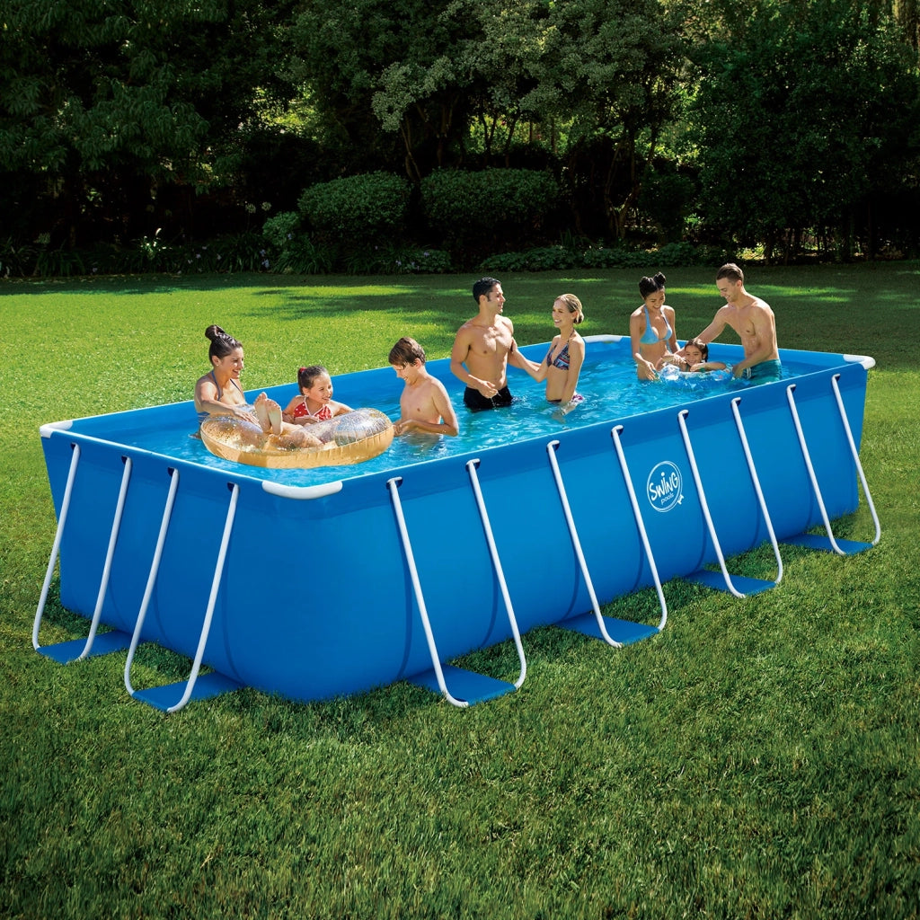 PISCINA RETTANGOLARE CON STRUTTURA IN METALLO - 4,88 x 2,44 x 1,07 m con pompa filtro 12V - 3,8 m3, gradino pieghevole, copertura e telo di fondo