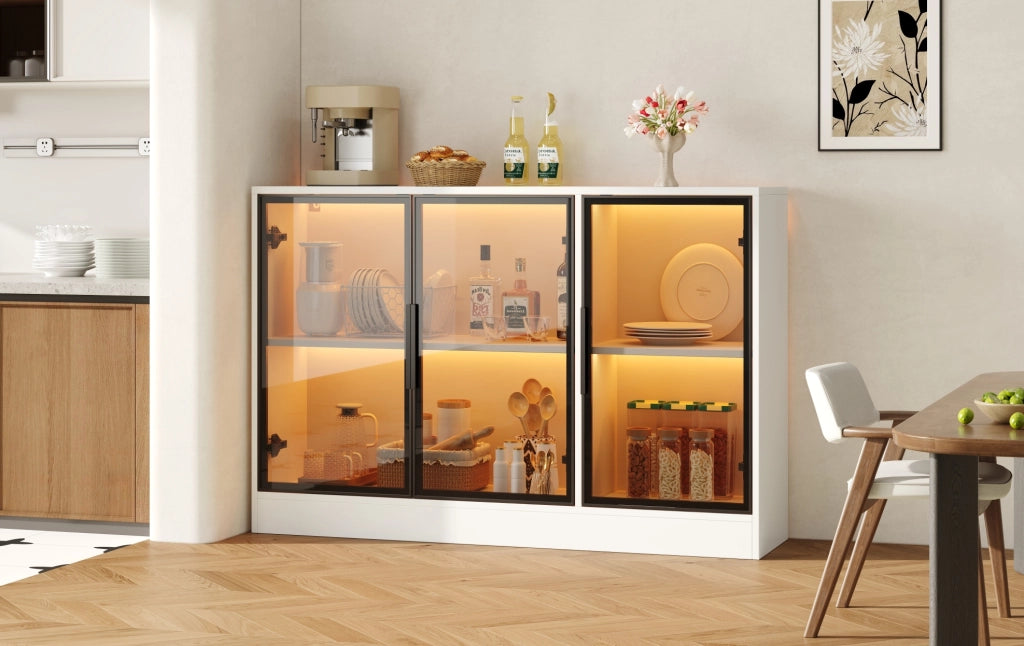 Vetrina ULEVR 120x30x73 cm bianca con vetro grigio, LED multicolore e ante con chiusura ammortizzata