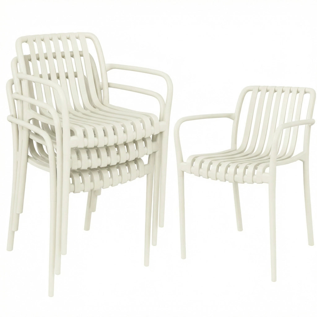 Set 4 Sedie da Giardino Impilabili ¨C Xylo ¨C Design a Lamelle con Braccioli Ergonomico Bianco Crema