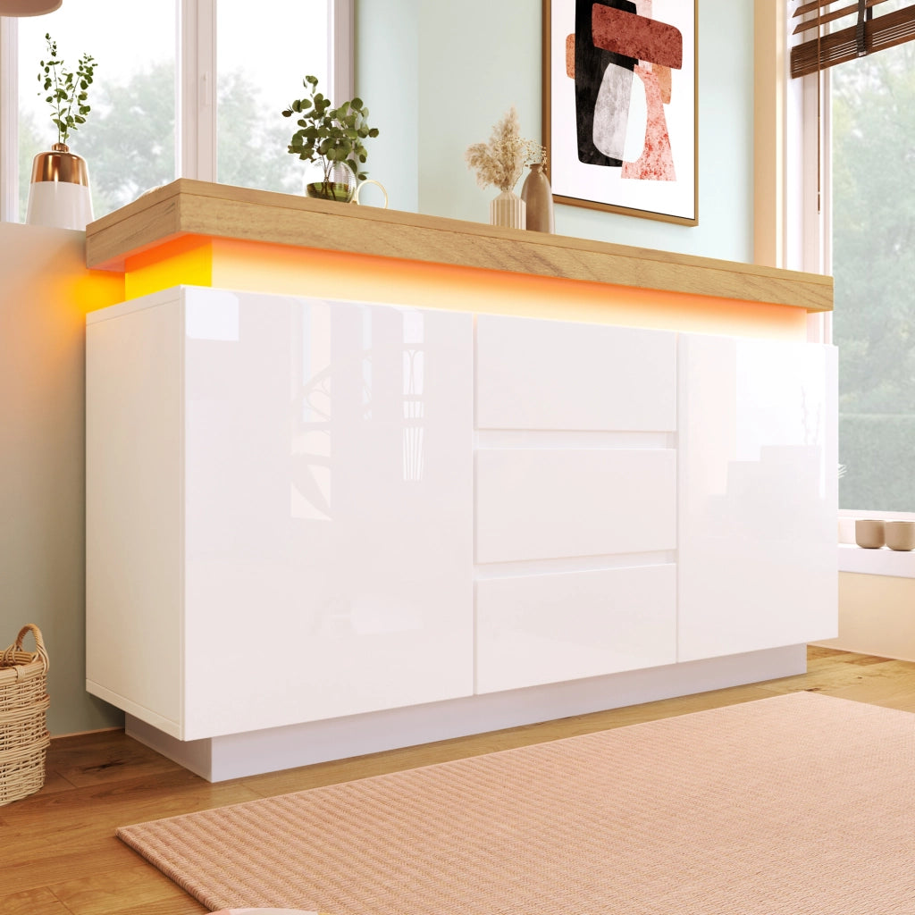 Sideboard bianco lucido con 2 ante, 3 cassetti e illuminazione LED controllabile via app, 81x140x39 cm