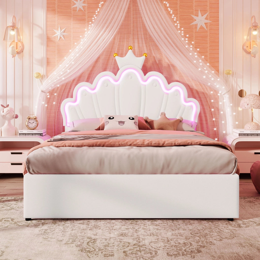 Letto per bambini 140 × 200 cm 2 posti con 2 cassetti; LED e testiera regolabile; senza materasso; in PU bianco