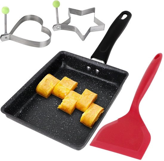 Piatto per Omelette con Spatola in Silicone - Padella Quadrata per Uova - Padella Antiforfora per Cottura - 2 Anelli per Uova - Acciaio Inox - 13 x 18 x 3,5 cm