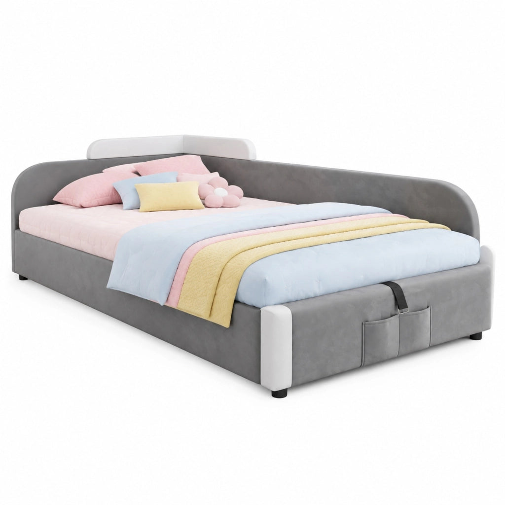 Letto singolo per bambini 90 × 200 cm con contenitore idraulico in velluto bianco e grigio con sponde morbide