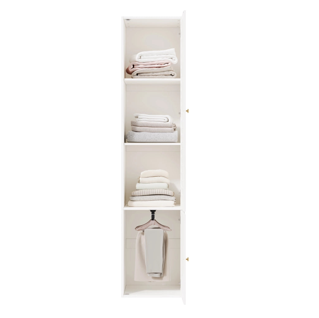 Guardaroba singolo con anta a lamelle, 45x50x200 cm, bianco, con 1 asta appendiabiti e 3 ripiani, design a battente
