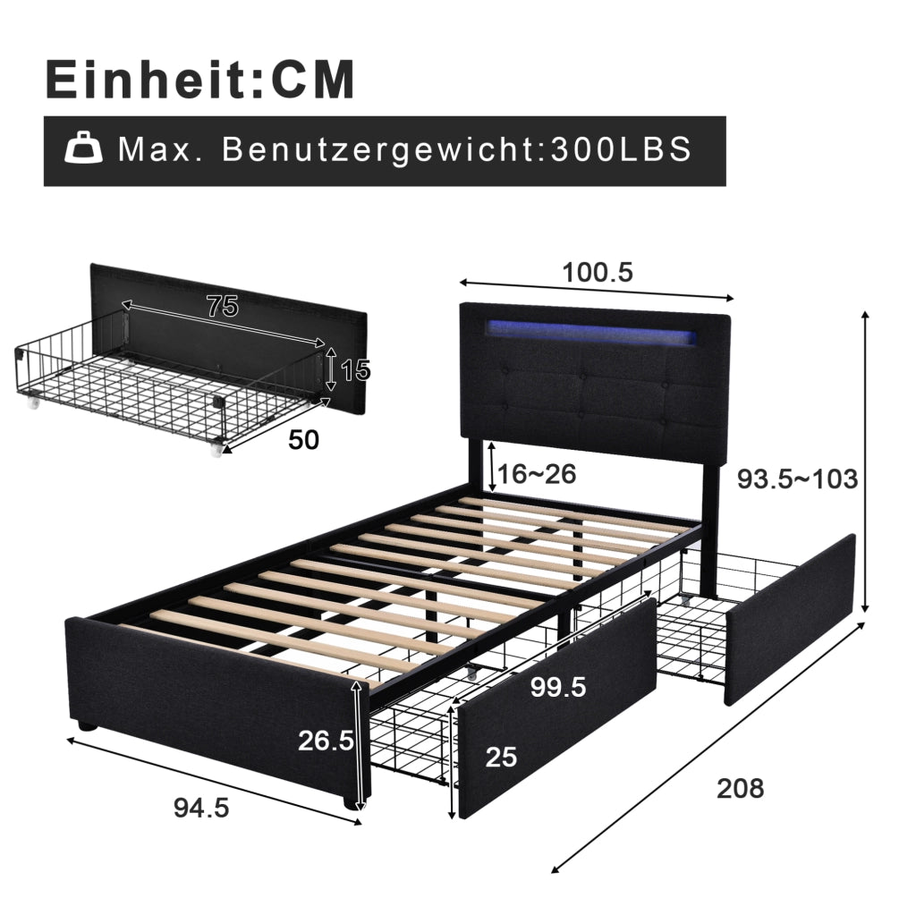 Letto singolo imbottito 90x200 cm con testiera regolabile, LED integrati e 2 cassetti - Grigio