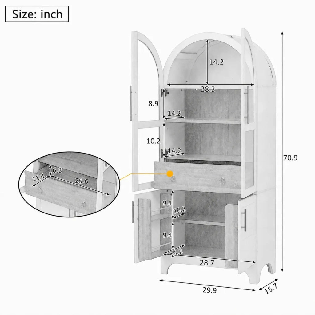Highboard bianco con ripiani regolabili, cassetto e vetro scanalato. Mobile cucina con ampio spazio contenitore per soggiorno, sala da pranzo e cucina