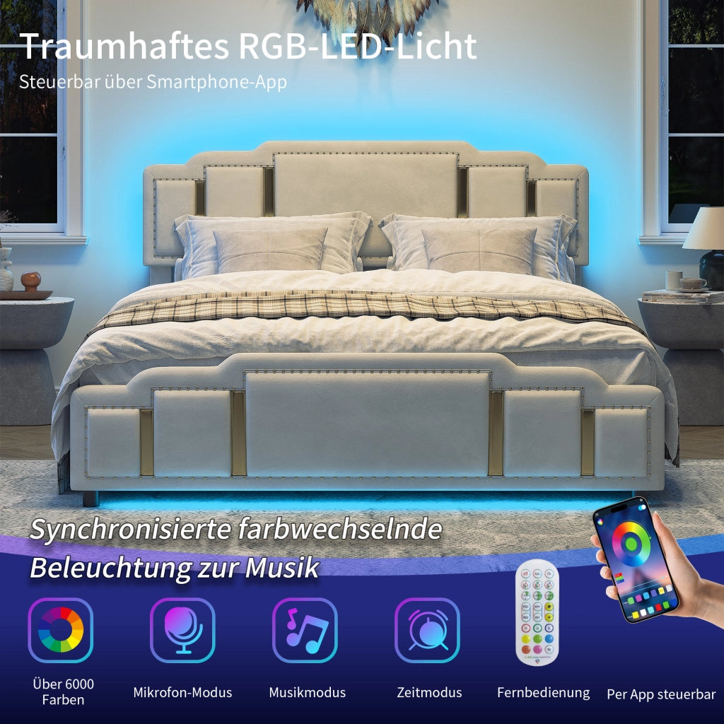 Letto con cassetti 160 × 200 cm in velluto beige con LED a 7 colori e finiture decorative in acciaio inox