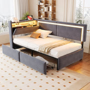 Divano letto imbottito 90×200 cm in velluto grigio scuro con testiera contenitore apribile, luci LED e porta USB, senza materasso