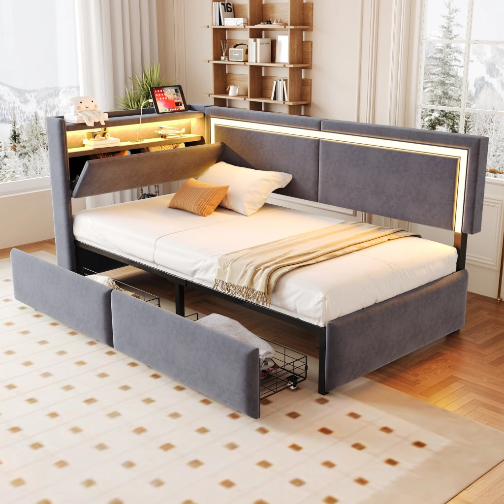 Divano letto imbottito 90×200 cm in velluto grigio scuro con testiera contenitore apribile, luci LED e porta USB, senza materasso
