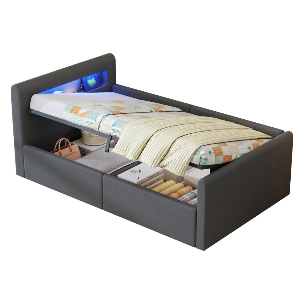 Letto per bambini imbottito 90 × 200 cm con luci LED porta USB vano idraulico velluto grigio